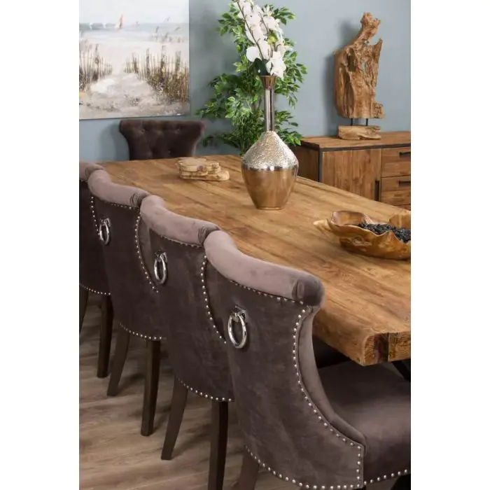 3m Reclaimed Teak Urban Fusion Dining Table with 1 Bench and 5 Velveteen Ring Back Chairs - 9