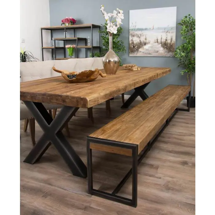 3m Reclaimed Teak Urban Fusion Dining Table with 1 Backless Bench and 5 Windsor Ring Back Chairs - 2
