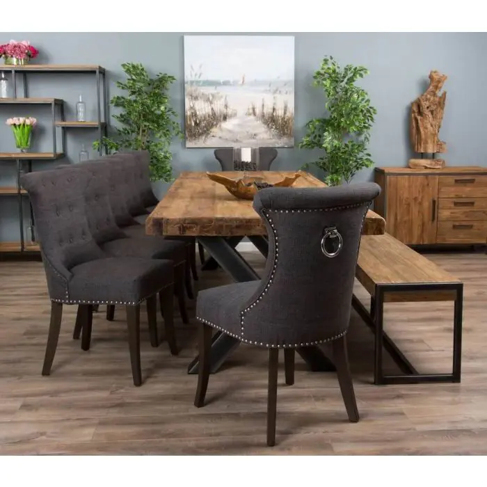 3m Reclaimed Teak Urban Fusion Dining Table with 1 Backless Bench and 5 Windsor Ring Back Chairs - 10