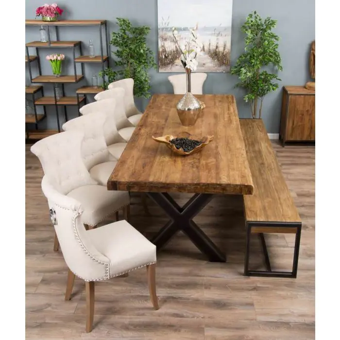 3m Reclaimed Teak Urban Fusion Dining Table with 1 Backless Bench and 5 Windsor Ring Back Chairs - 4