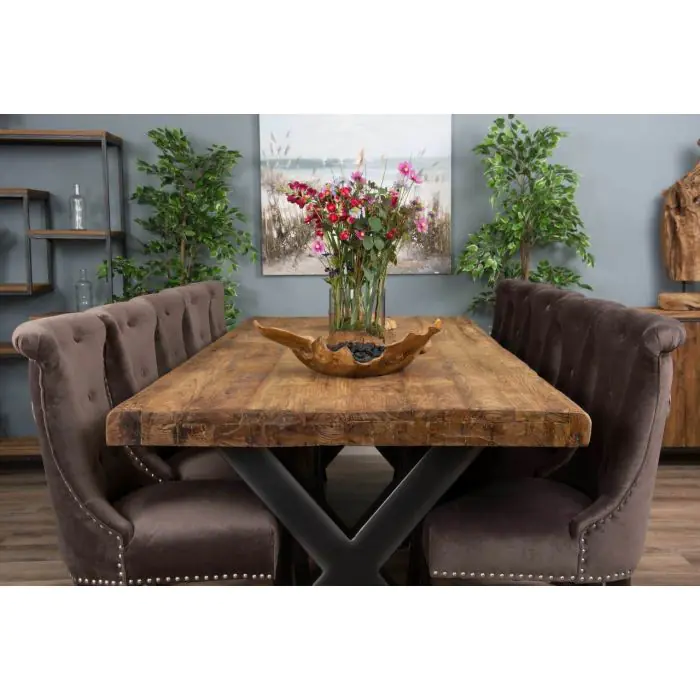 3m Reclaimed Teak Urban Fusion Dining Table with 10 Velveteen Ring Back Chairs  - 1