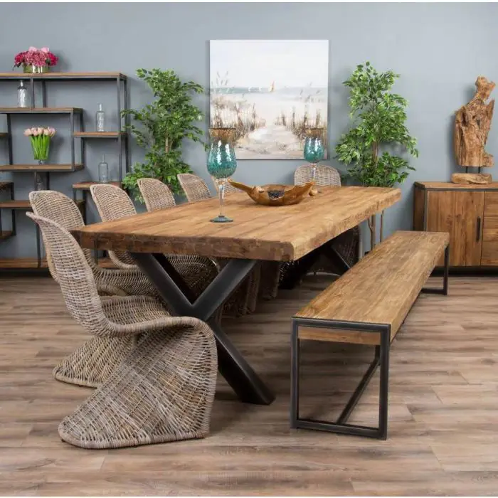 3m Reclaimed Teak Urban Fusion Dining Table with 1 Backless Bench and 5 Zorro Chairs - 8