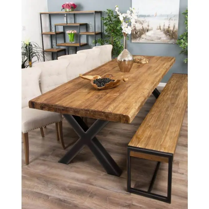 3m Reclaimed Teak Urban Fusion Dining Table with 1 Backless Bench and 5 Windsor Ring Back Chairs - 1