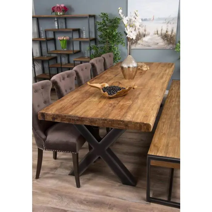 3m Reclaimed Teak Urban Fusion Dining Table with 1 Bench and 5 Velveteen Ring Back Chairs - 1