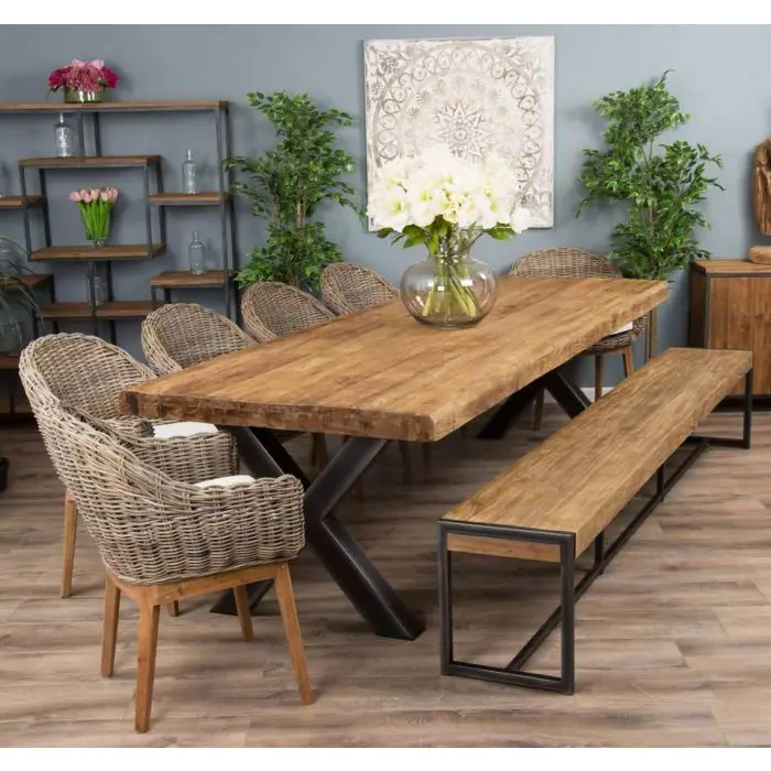 3m Reclaimed Teak Urban Fusion Dining Table with 1 Backless Bench and 4 Scandi Armchairs - 6