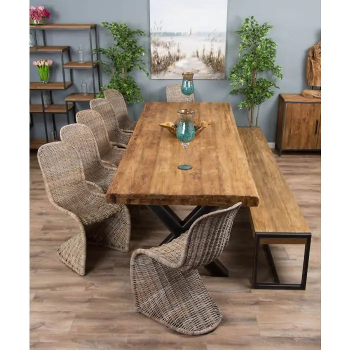 3m Reclaimed Teak Urban Fusion Dining Table with 1 Backless Bench and 5 Zorro Chairs - 7