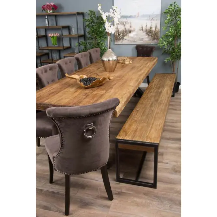 3m Reclaimed Teak Urban Fusion Dining Table with 1 Bench and 5 Velveteen Ring Back Chairs - 6