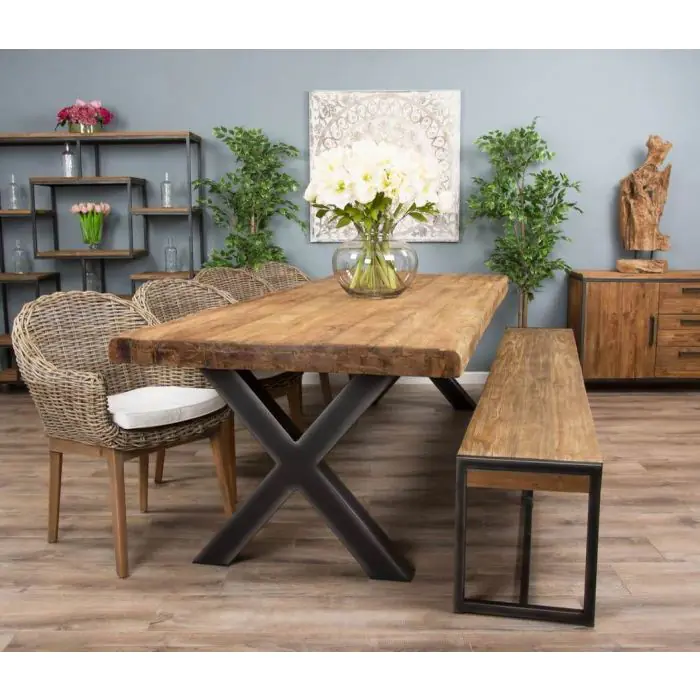 3m Reclaimed Teak Urban Fusion Dining Table with 1 Backless Bench and 4 Scandi Armchairs - 2
