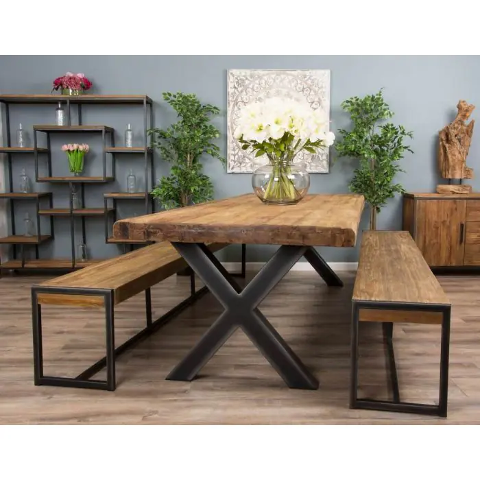 3m Reclaimed Teak Urban Fusion Dining Table with 2 Backless Benches - 11