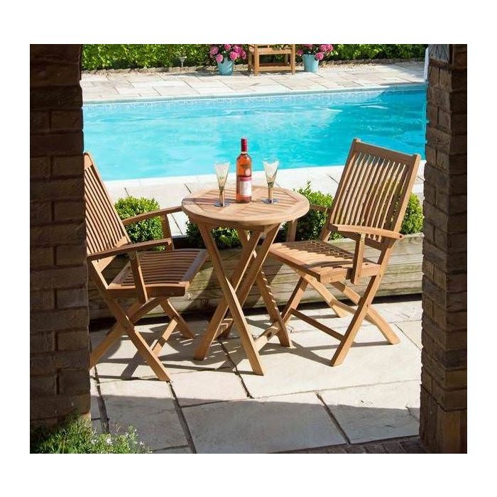 60cm Teak Circular Folding Table with 2 Kiffa Folding Chairs