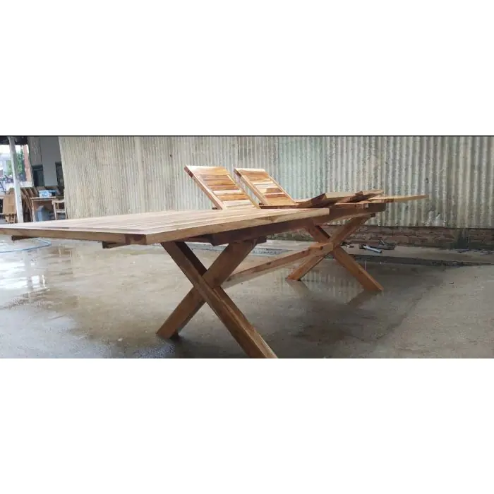 Teak Rectangular Cross Leg Extending Table - 1