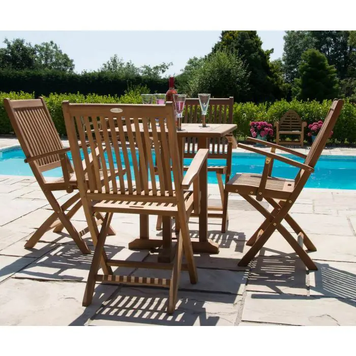 70cm Teak Square Pedestal Table with 2 Kiffa Folding Chairs  - 5