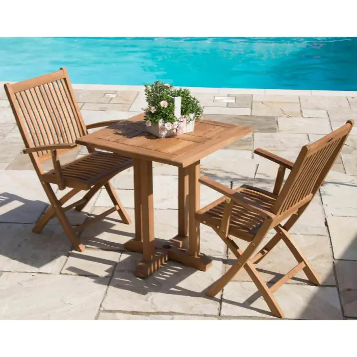 70cm Teak Square Pedestal Table with 2 Kiffa Folding Chairs  - 2
