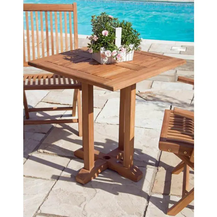 70cm Teak Square Pedestal Table with 2 Kiffa Folding Chairs  - 1