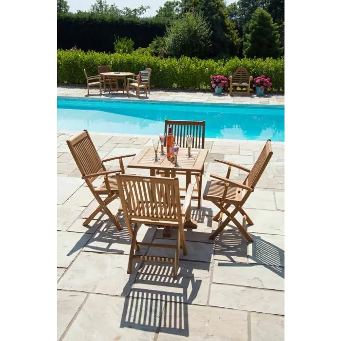 70cm Teak Square Pedestal Table with 2 Kiffa Folding Chairs  - 8