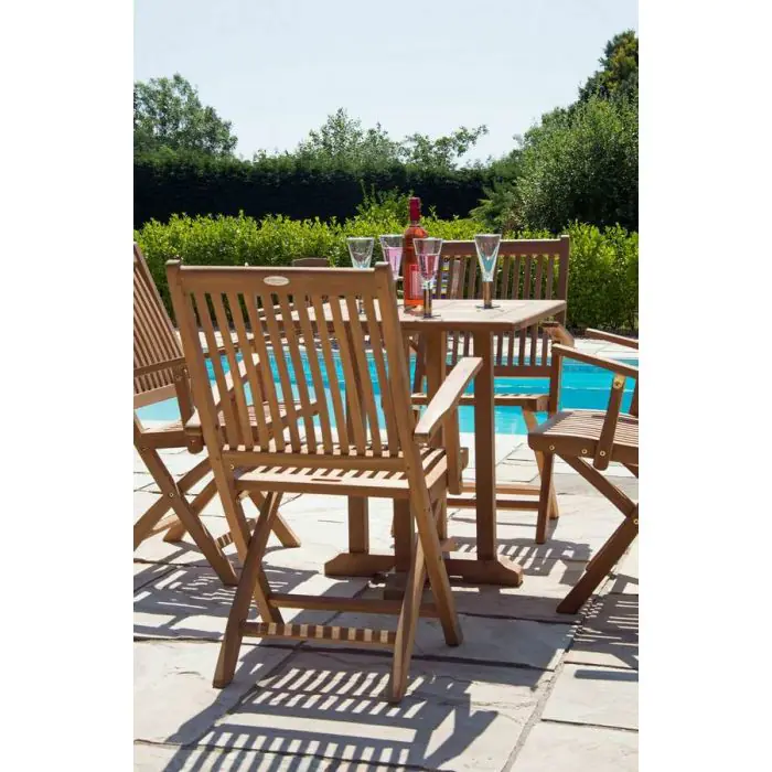 70cm Teak Square Pedestal Table with 2 Kiffa Folding Chairs  - 6