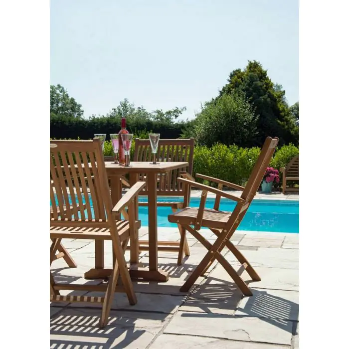70cm Teak Square Pedestal Table with 2 Kiffa Folding Chairs  - 4