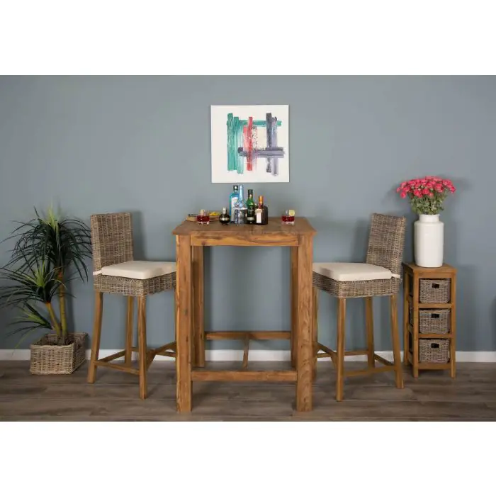 90cm Reclaimed Teak Square Bar Table with 2 Kubu Wicker Bar Stools - 2