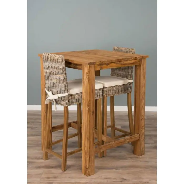 90cm Reclaimed Teak Square Bar Table with 2 Kubu Wicker Bar Stools - 0