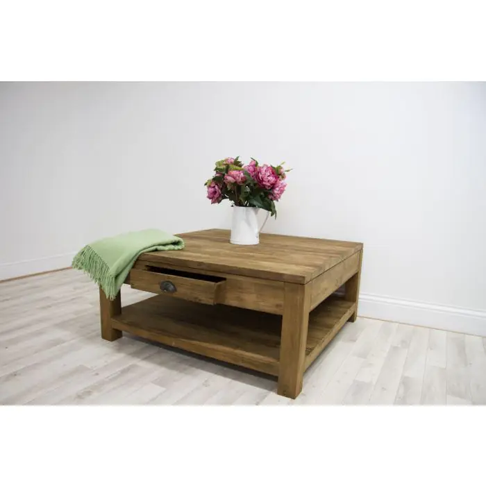 100cm Reclaimed Teak Modern Coffee Table with Drawer & Shelf - 2