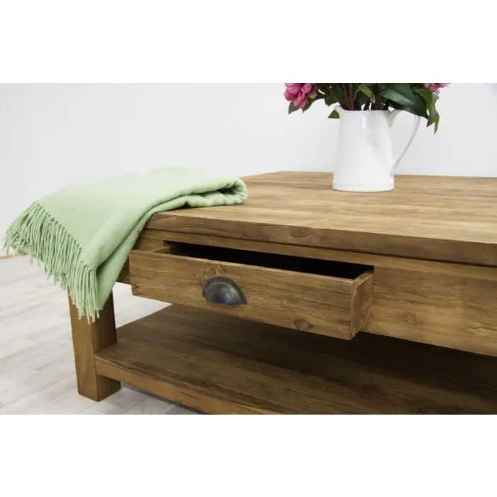 100cm Reclaimed Teak Modern Coffee Table with Drawer & Shelf - 6