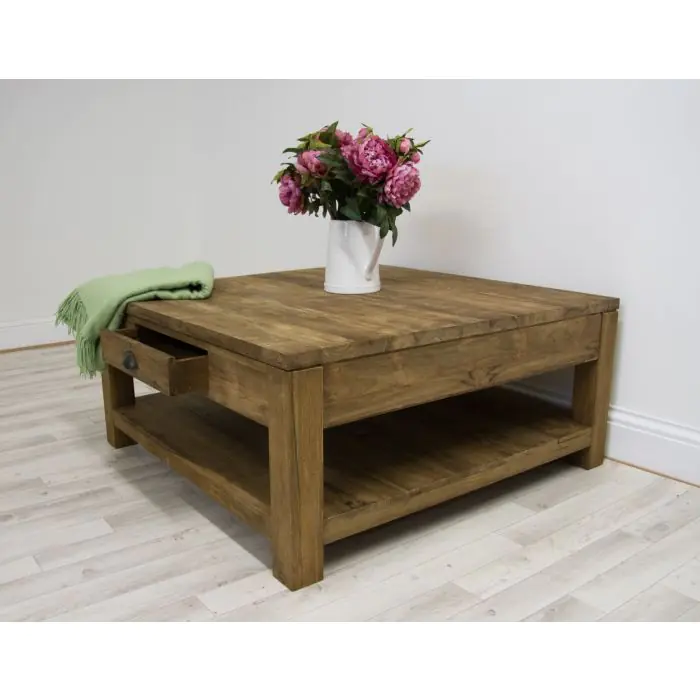 100cm Reclaimed Teak Modern Coffee Table with Drawer & Shelf - 3