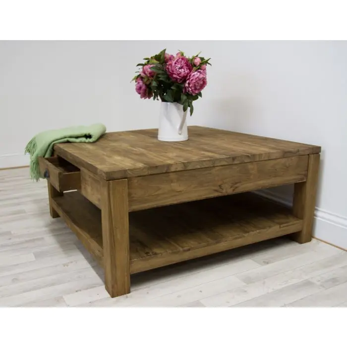 100cm Reclaimed Teak Modern Coffee Table with Drawer & Shelf - 4
