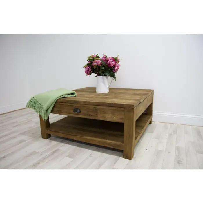 100cm Reclaimed Teak Modern Coffee Table with Drawer & Shelf - 1