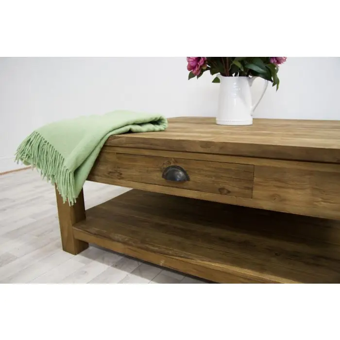 100cm Reclaimed Teak Modern Coffee Table with Drawer & Shelf - 5