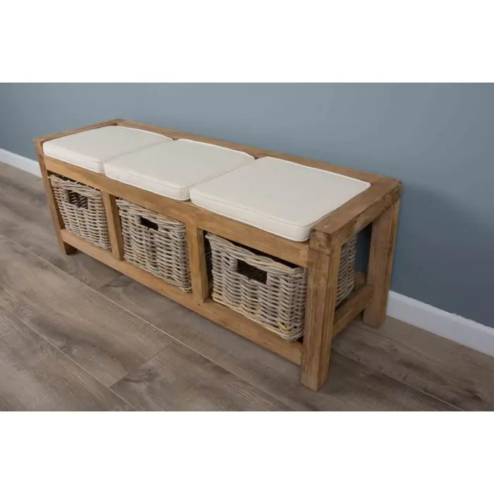 Reclaimed Teak Hall Seat with Natural Cushion - Three Basket - 3