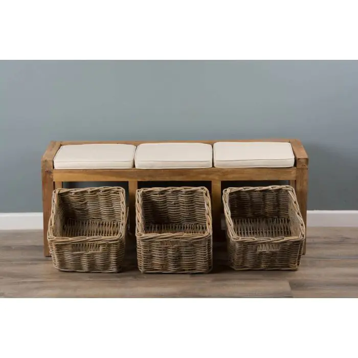 Reclaimed Teak Hall Seat with Natural Cushion - Three Basket - 2