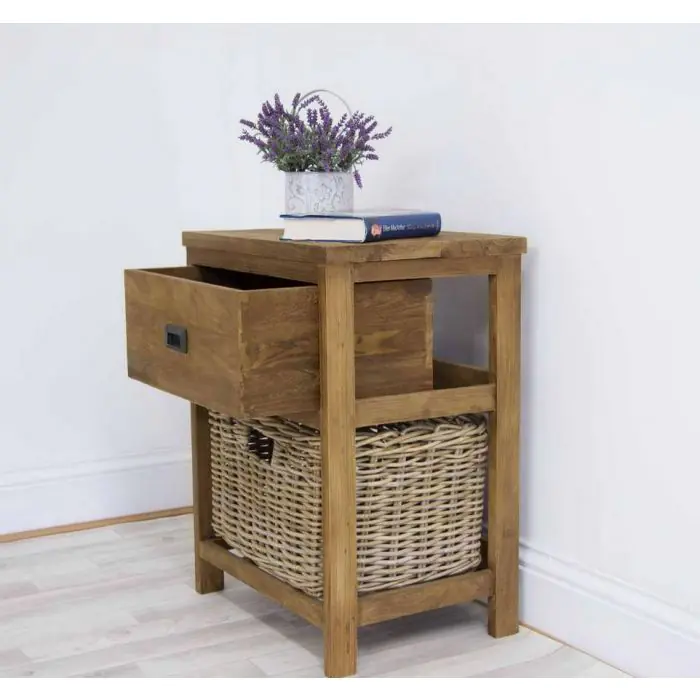 Reclaimed Teak Storage Unit with 1 Drawer and 1 Wicker Basket - Rectangular - 4