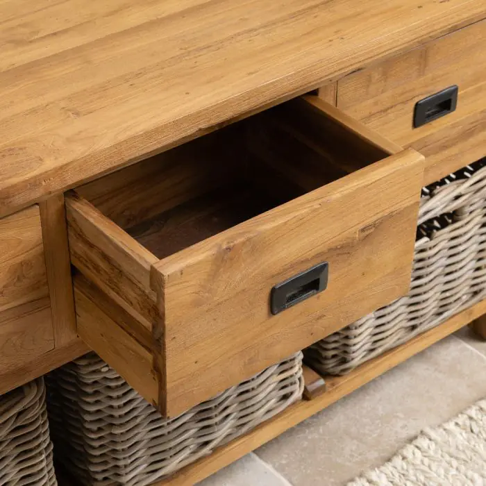 Reclaimed Teak 3 Drawer 3 Basket Storage Unit - 126cm - 4
