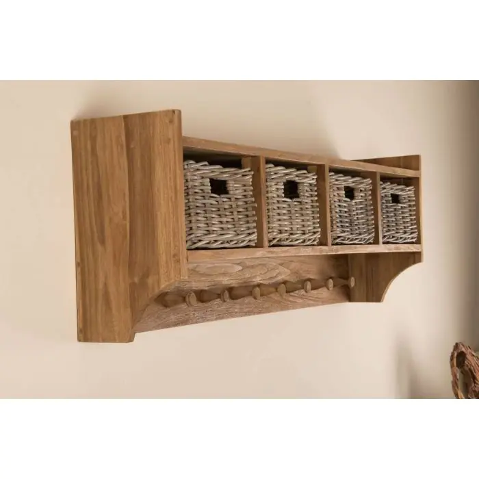 Reclaimed Teak Hall Seat with Natural Cushion - Three Basket - 6