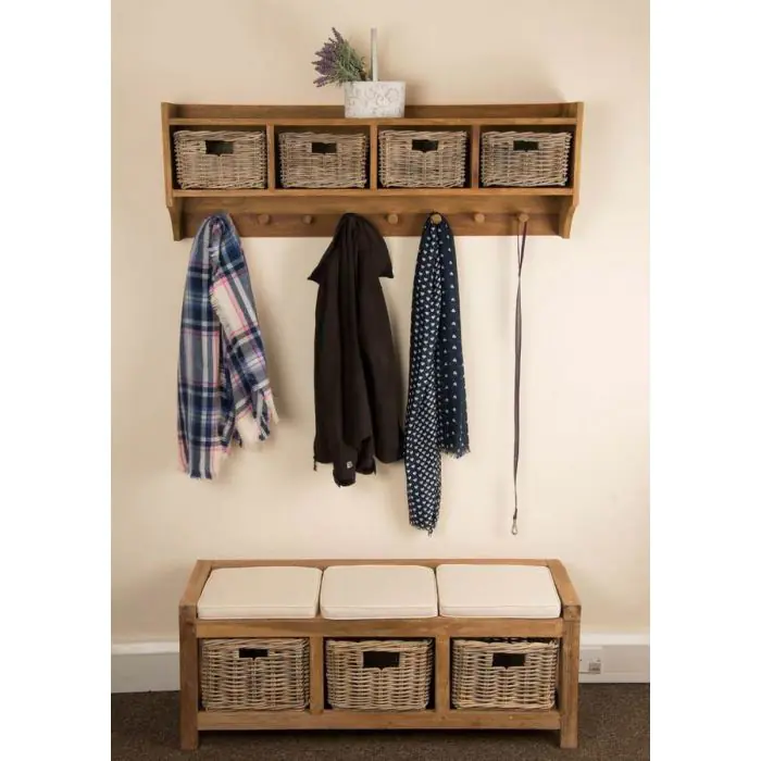 Reclaimed Teak Hall Seat with Natural Cushion - Three Basket - 7