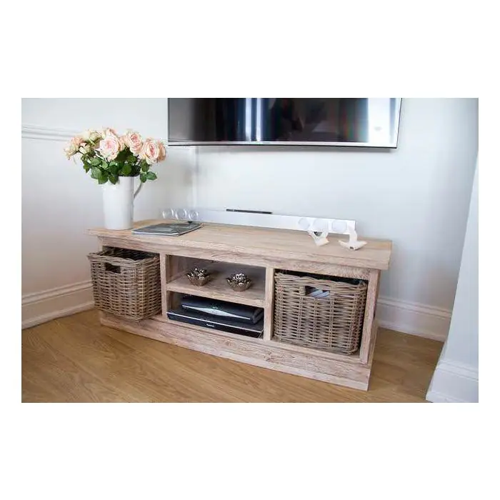 Reclaimed Teak Whitewash TV Unit with 2 Wicker Drawers - 2
