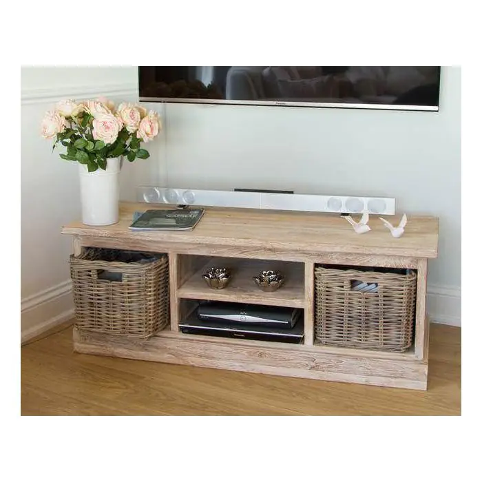 Reclaimed Teak Whitewash TV Unit with 2 Wicker Drawers - 1