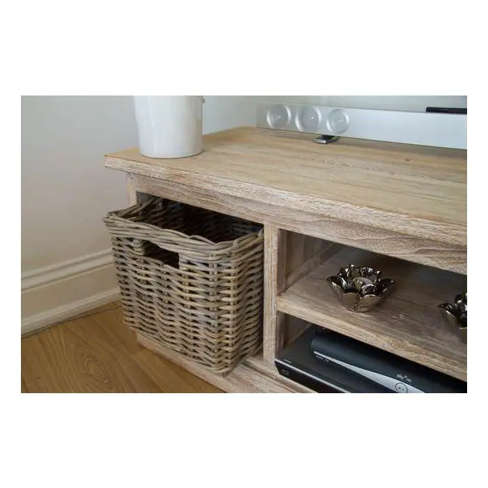 Reclaimed Teak Whitewash TV Unit with 2 Wicker Drawers - 6