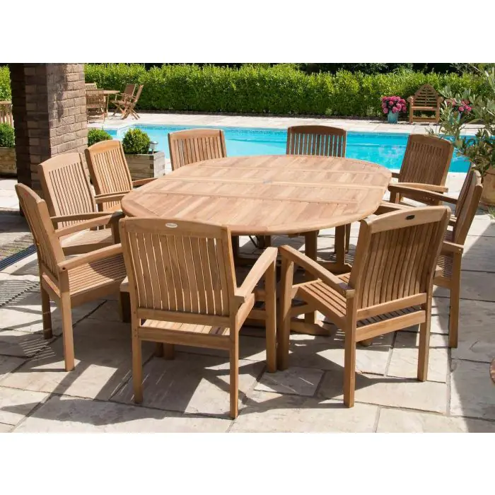 1.5m x 1.5m-2.3m Teak Circular Double Extending Table with 10 Marley Chairs - 7