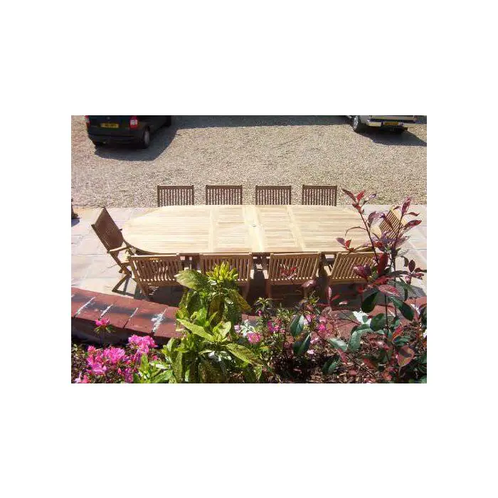 1.1m x 1.9m-2.7m Teak Oval Double Extending Table with 10 Kiffa Folding Chairs - 2