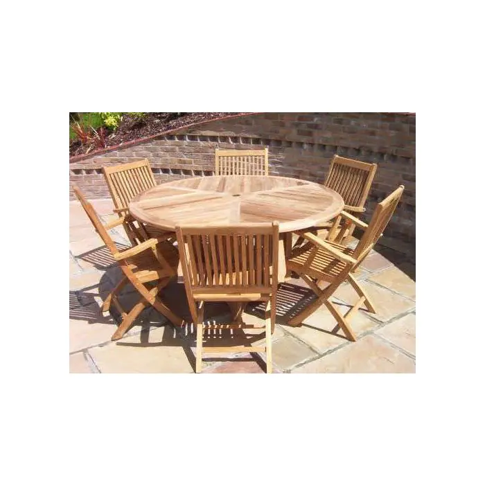 1.5m Teak Circular Radar Table with 6 Kiffa Folding Chairs - 2