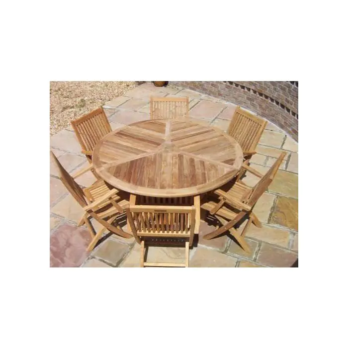 1.5m Teak Circular Radar Table with 6 Kiffa Folding Chairs - 1