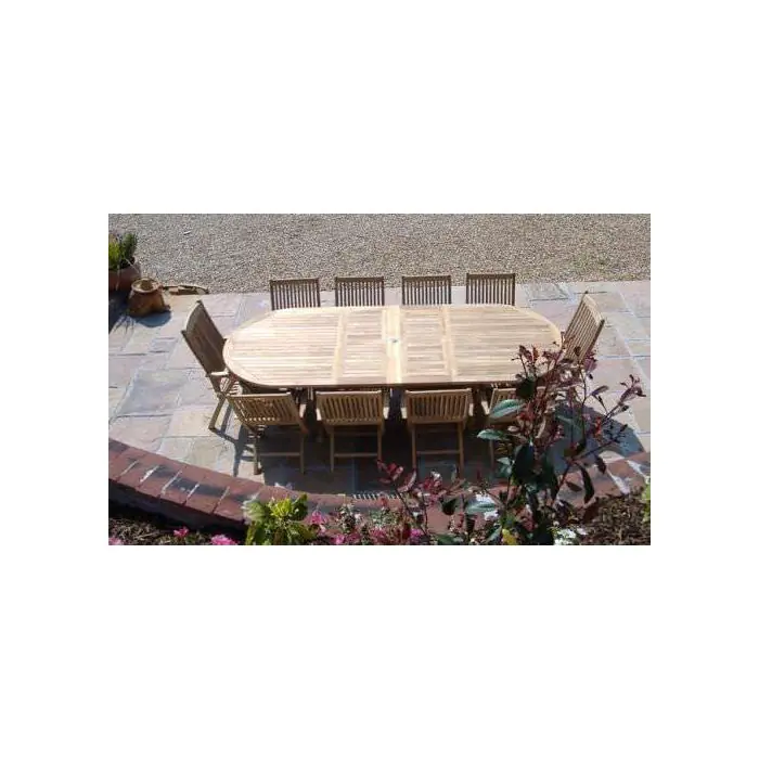 1.1m x 1.9m-2.7m Teak Oval Double Extending Table with 10 Kiffa Folding Chairs - 1