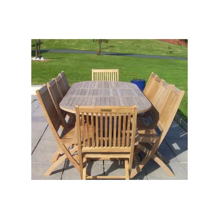1m x 1.8m-2.4m Teak Oval Extending Table with 8 Kiffa Folding Chairs & 2 Armchairs - 1