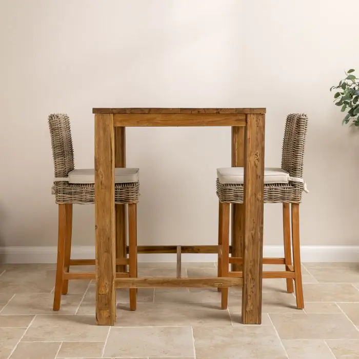 90cm Reclaimed Teak Square Bar Table with 2 Kubu Wicker Bar Stools - 15