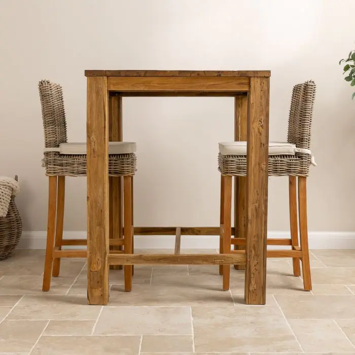 90cm Reclaimed Teak Square Bar Table with 2 Kubu Wicker Bar Stools - 7