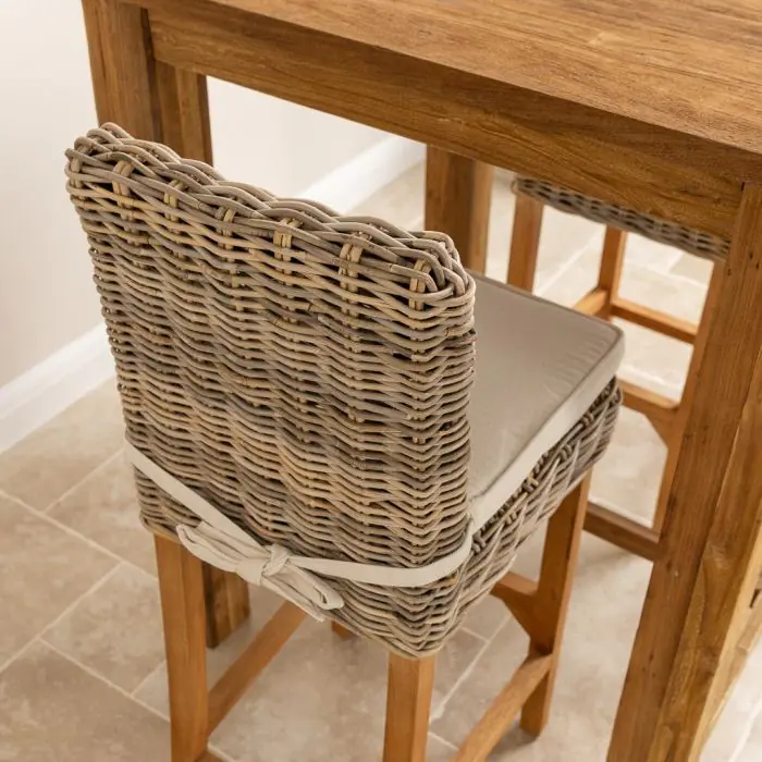 90cm Reclaimed Teak Square Bar Table with 2 Kubu Wicker Bar Stools - 10