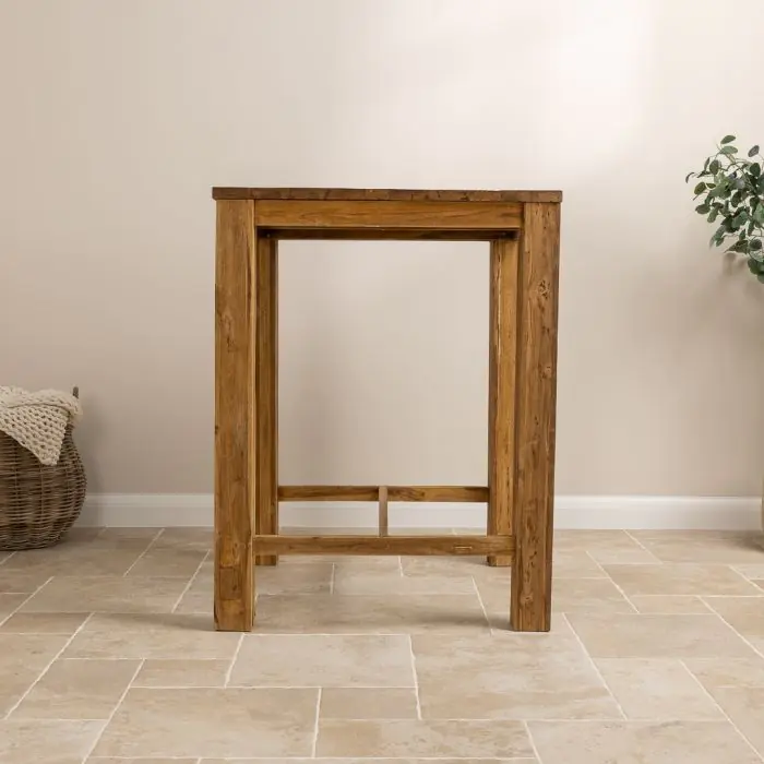 90cm Reclaimed Teak Square Bar Table with 2 Kubu Wicker Bar Stools - 11