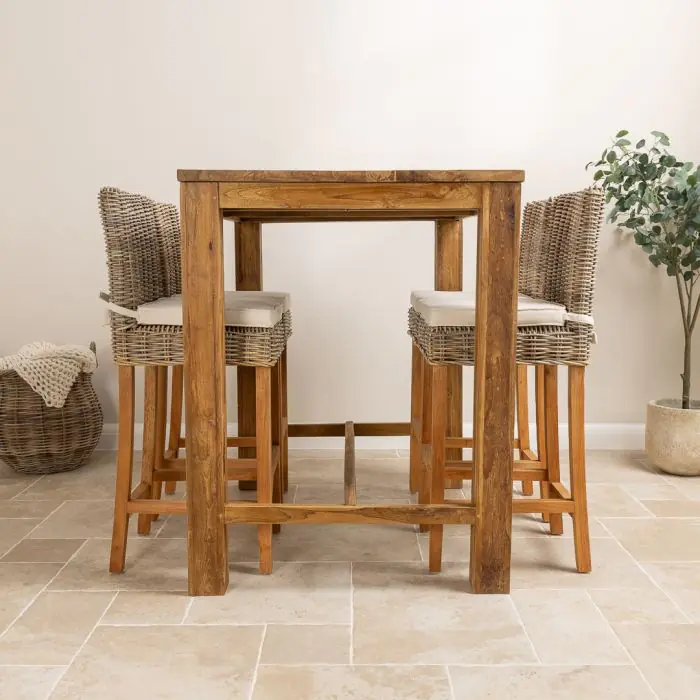 1.2m Reclaimed Teak Rectangular Bar Table with 4 Kubu Wicker Bar Stools - 11