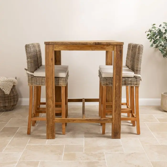 1.2m Reclaimed Teak Rectangular Bar Table with 4 Kubu Wicker Bar Stools - 7